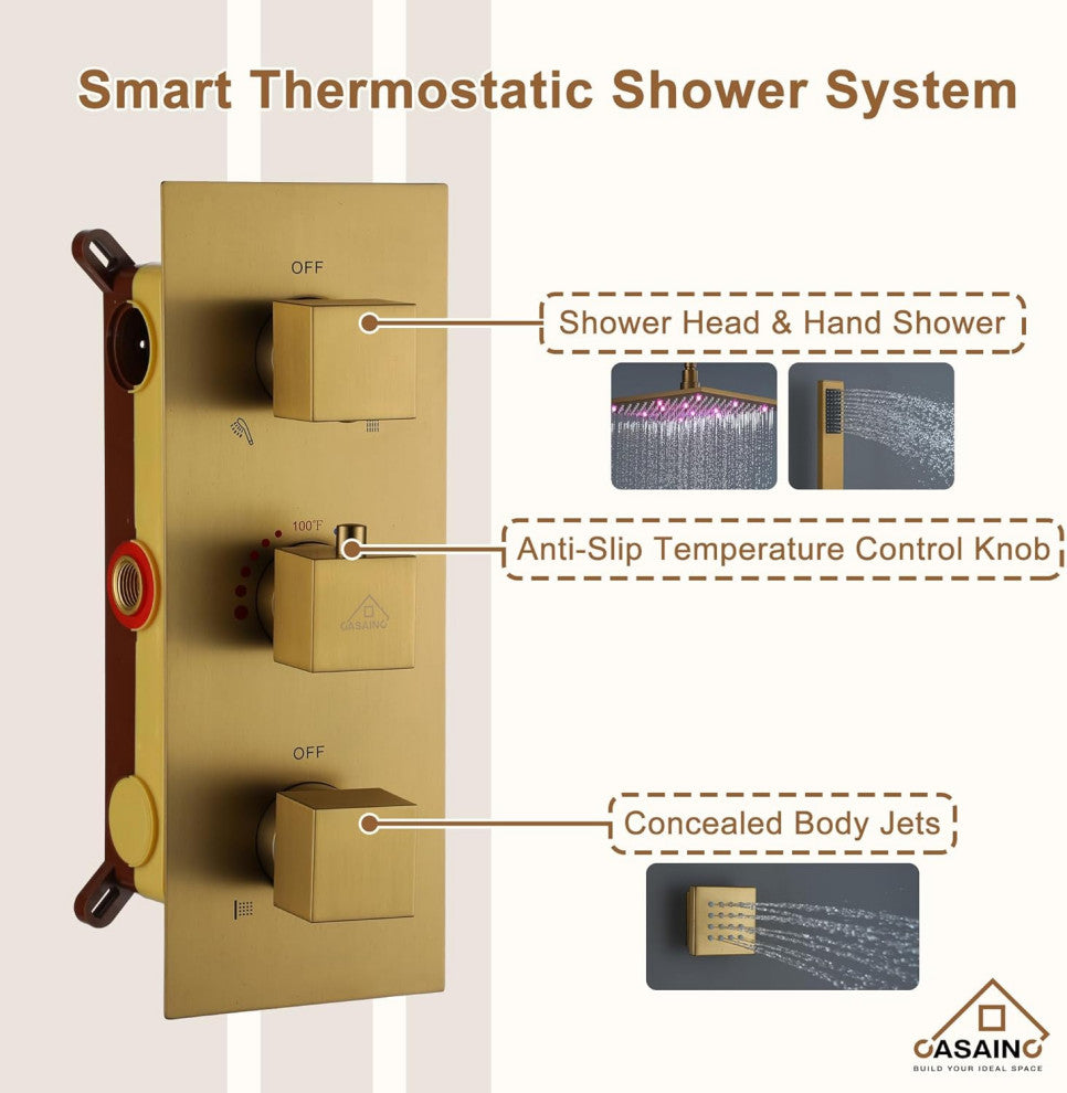 CASAINC 12" Ceiling Mounted Luxury LED Shower Head Handheld Spray, Brushed Gold