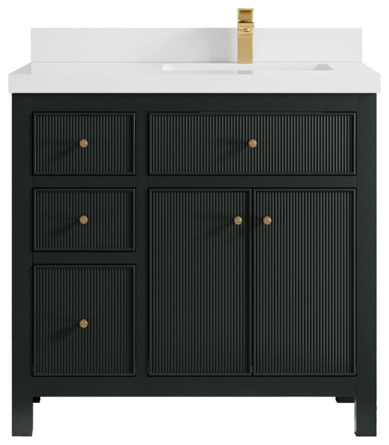 Sonoma 36 Right Offset Reeded Bath Vanity in Dark Forest Green 2" White Quartz