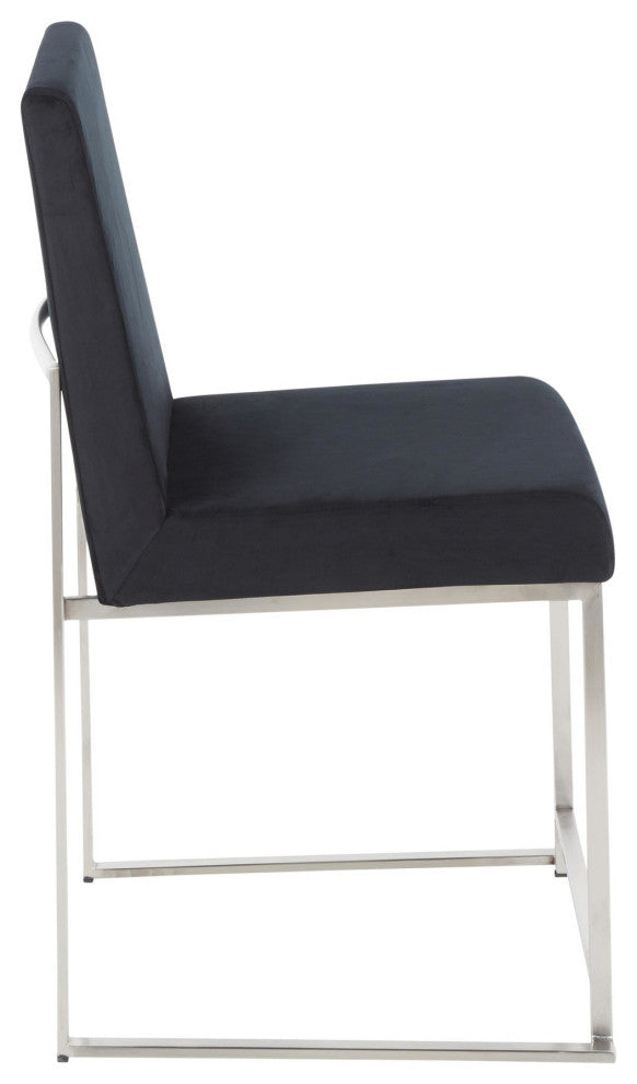 High Back Fuji Dining Chair, Stainless Steel/Black Velvet, Set of 2