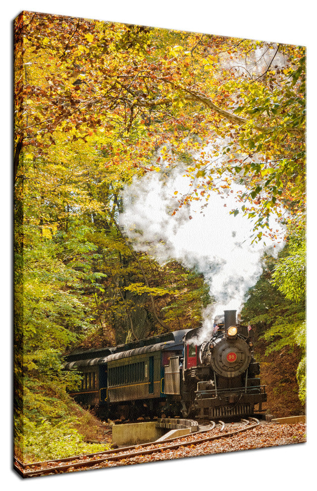 Steam Train with Autumn Foliage Landscape Photo Canvas Wall Art Print, 24" X 36"