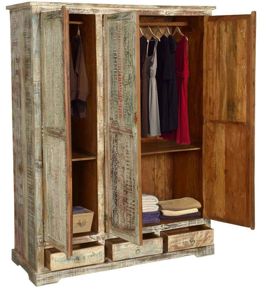 Woodsburgh Distressed Solid Wood 3 Drawer Large Wardrobe