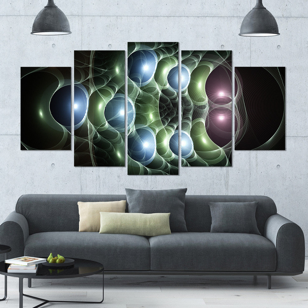 Light Blue 3D Surreal Circles, Contemporary Art on Canvas, 60"x32", 5 Panels