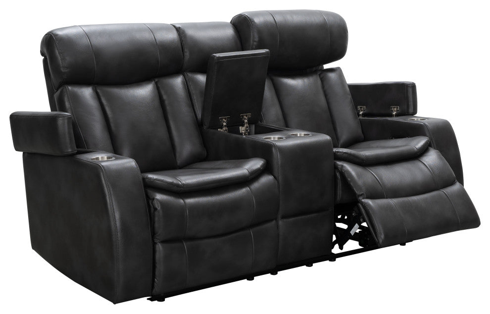 Marley Leather Power Reclining Console Loveseat, Power Headrest, Black