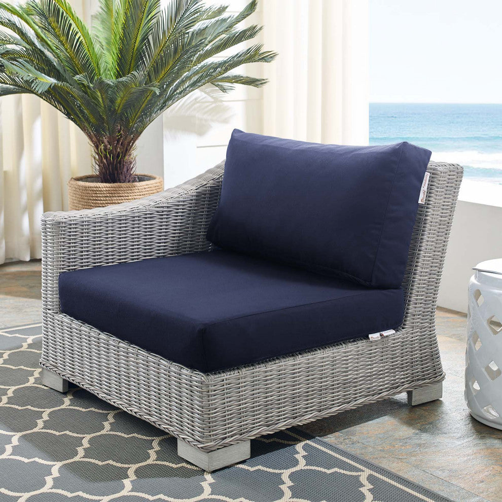 Lounge Chair, Sunbrella, Rattan, Wicker, Gray Blue Navy, Modern, Outdoor