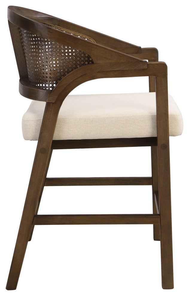 GDF Studio Rattan Back 24.25" Counter Stools, Wooden Frame, Walnut + Beige, Set of 2