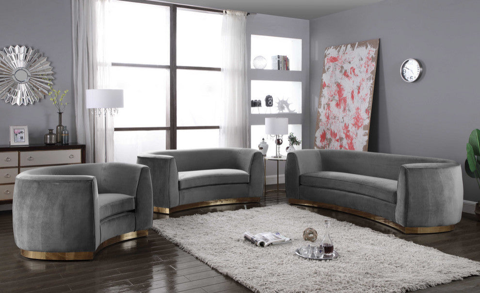 Julian Velvet Upholstered Loveseat, Gray, Gold Base
