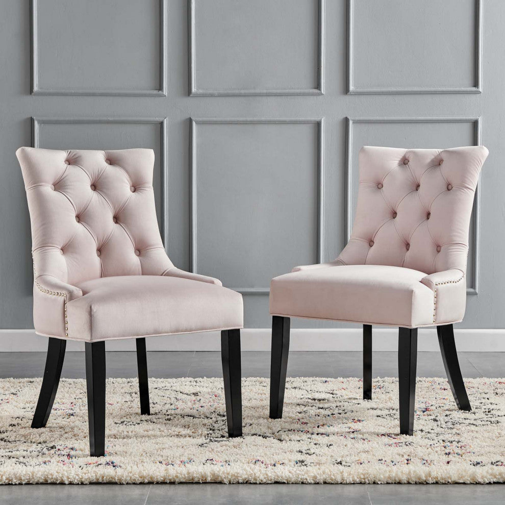 Tufted Side Dining Chair, Set of 2, Velvet, Wood, Pink, Cafe Bistro Restaurant
