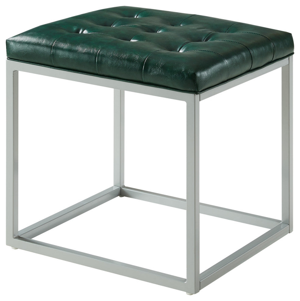 Teresa PU Leather Button Tufted Metal Frame Cube Ottoman, Green