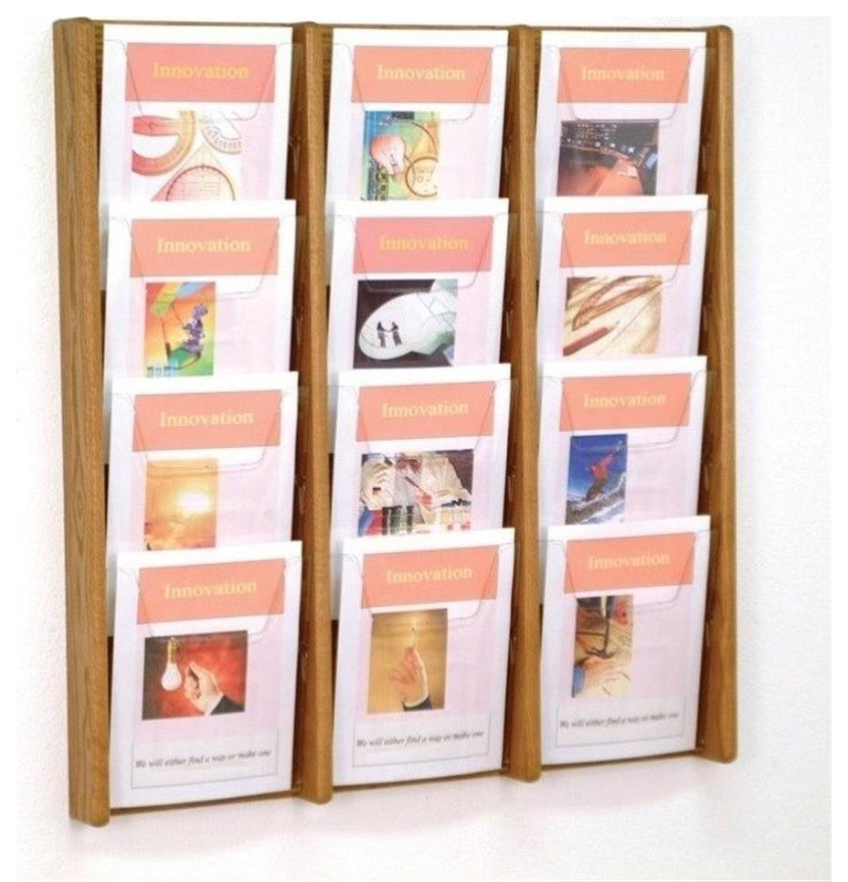 Wooden Mallet 12 Pocket Acrylic and Oak wall Display in Medium Oak