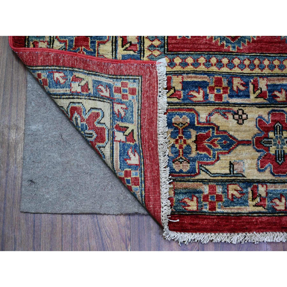 Rufous Red Wool Afghan Super Kazak Geometric Elements Hand Knotted Rug 6'9"x9'9"
