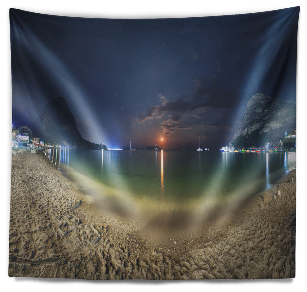 Beach with Lunar Path Seashore Photography Wall Tapestry, 80"x68"