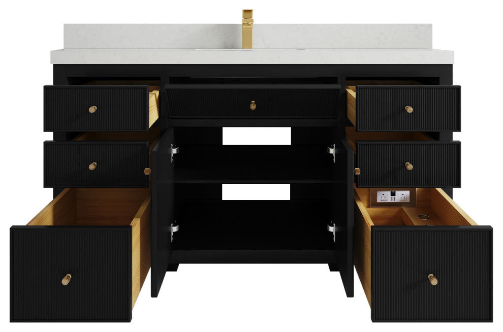 Sonoma 60 Single Sink Reeded Bathroom Vanity in Black 2" Carrara Quartz