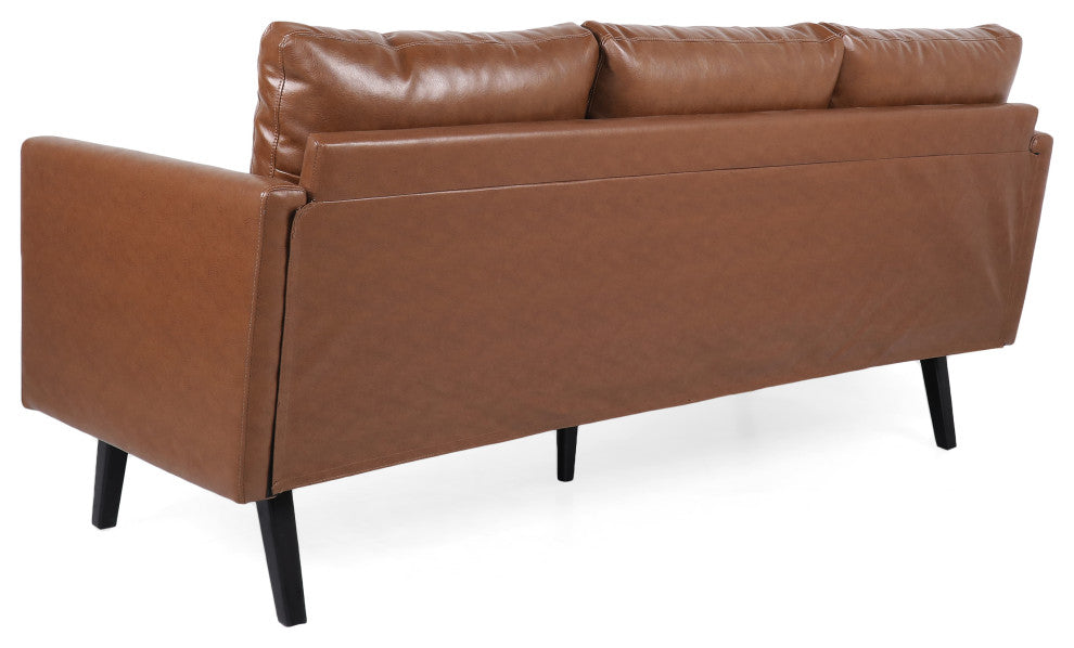 Dowd Mid Century Modern Faux Leather 3 Seater Sofa, Cognac Brown/Dark Brown