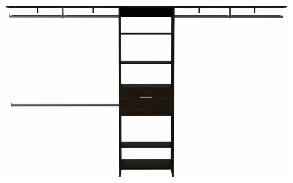 Broncos Closet with 3 Rods, 5 Shelves, and Drawer, Dark Walnut