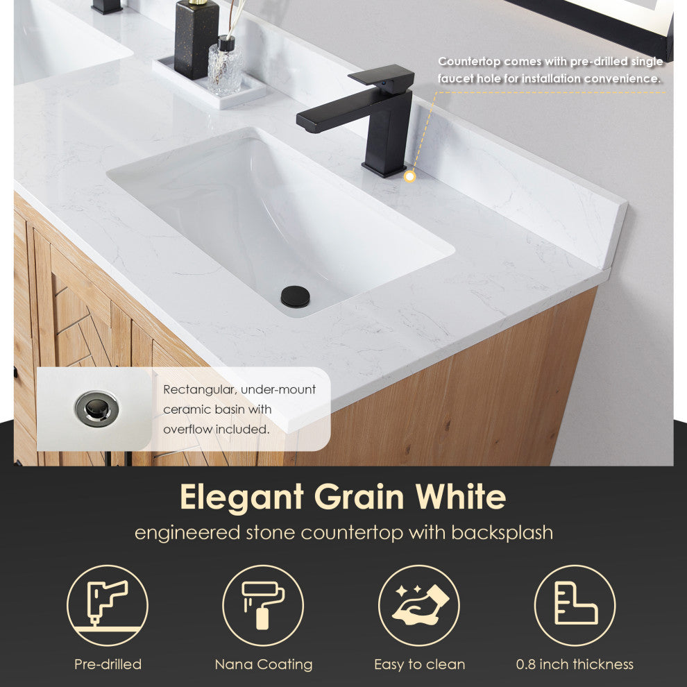 Anais Vanity Grain White Engineered Stone Countertop, Light Brown, 60", No Mirror