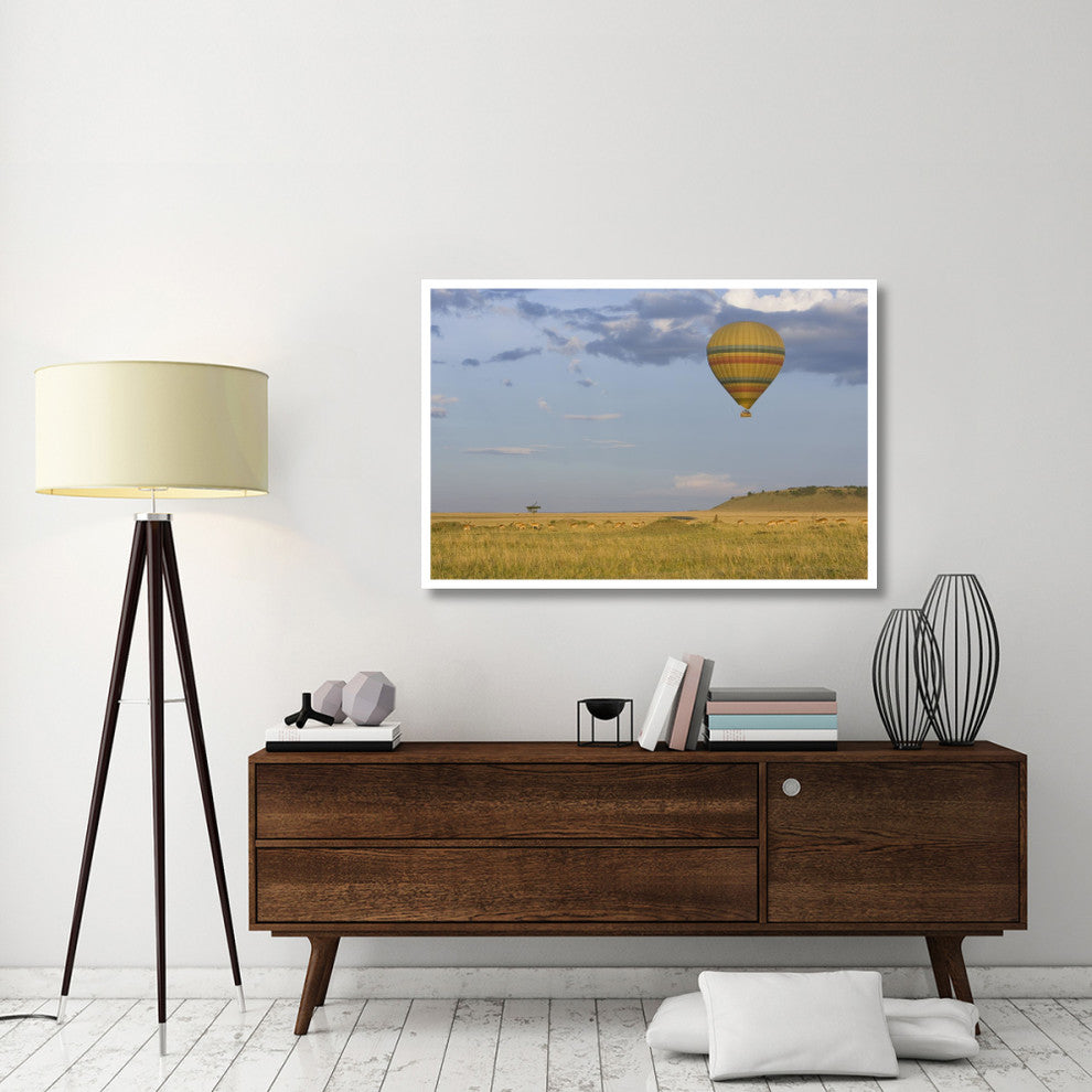 "Hot air balloon flying over herd, Masai Mara Triangle" Paper Art, 50"x34"