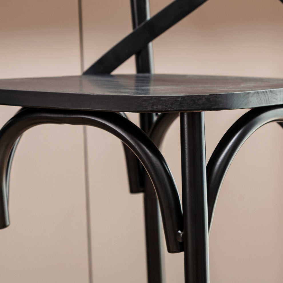 Black Steel Bar Stool With Solid Elm Wood Seat and Back Support, Set of 2