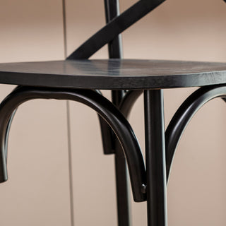 Black Steel Bar Stool With Solid Elm Wood Seat and Back Support, Set of 2
