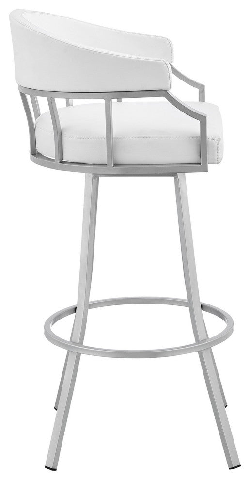 Benzara BM282044 30" Swivel Bar Stool, Silver Flared Legs, White Faux Leather