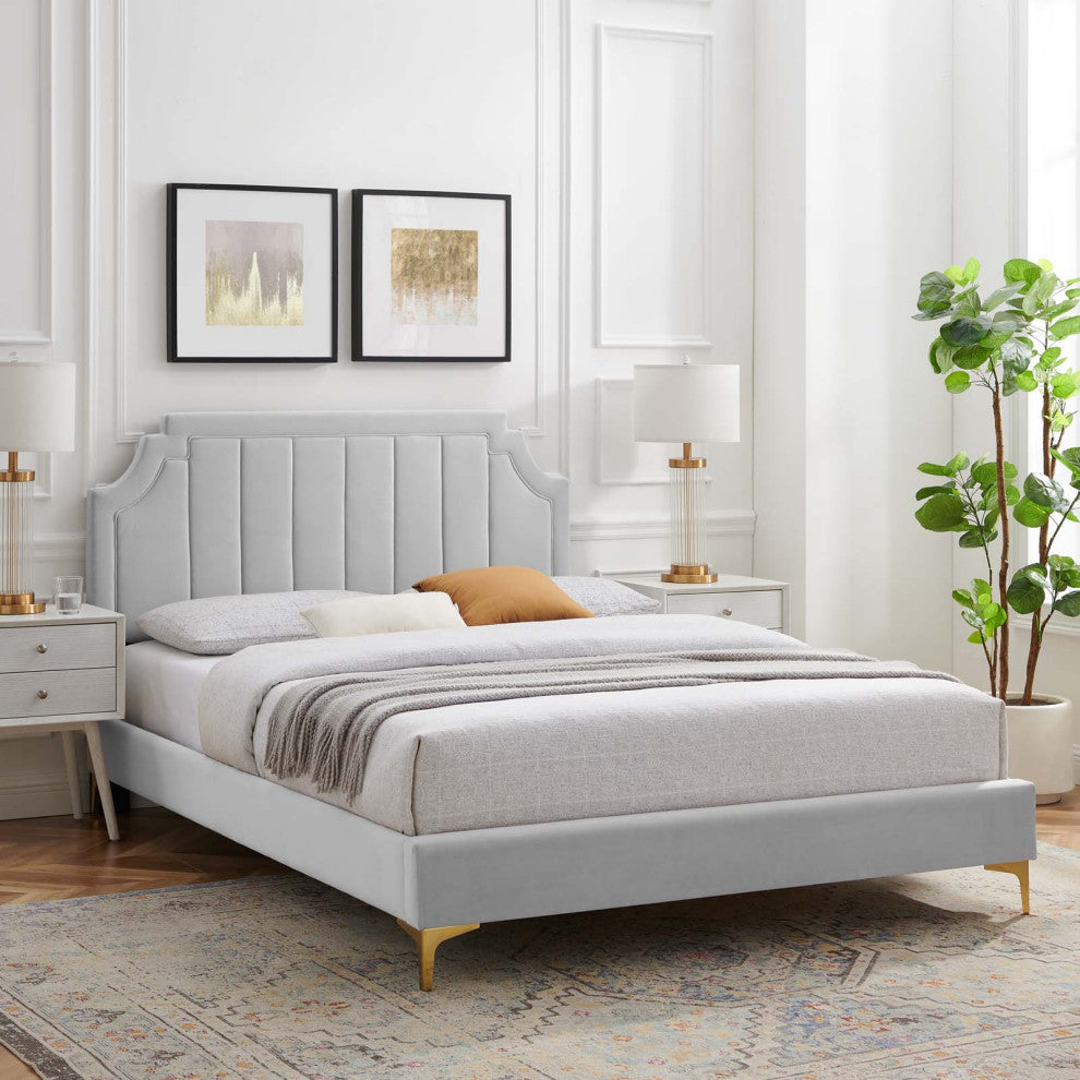 Platform Bed Frame, Twin Size, Velvet, Light Grey Gray, Modern Contemporary