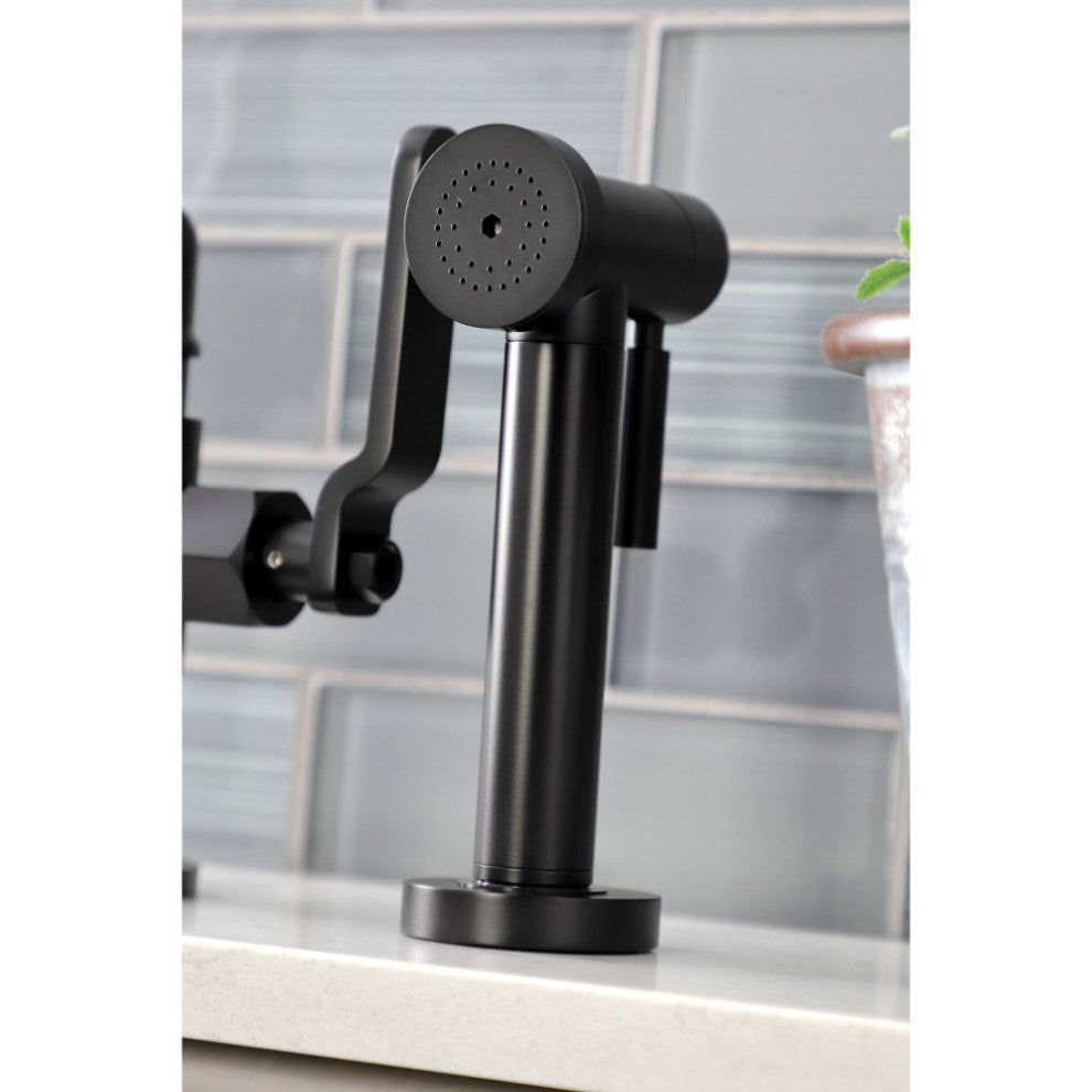 KS2330KL Industrial Style Bridge Kitchen Faucet With Brass Sprayer, Matte Black