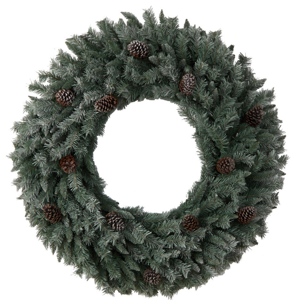 4' Large Flocked Faux Xmas Wreath W/Pinecones, Clear Lights & Bendable Branches