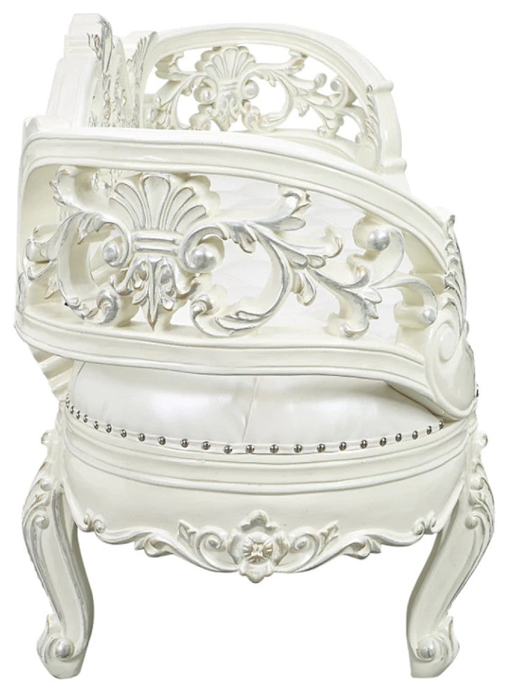 Benzara BM275671 Classic Ornate Carved Bench With Padded Cushion, Wood, White