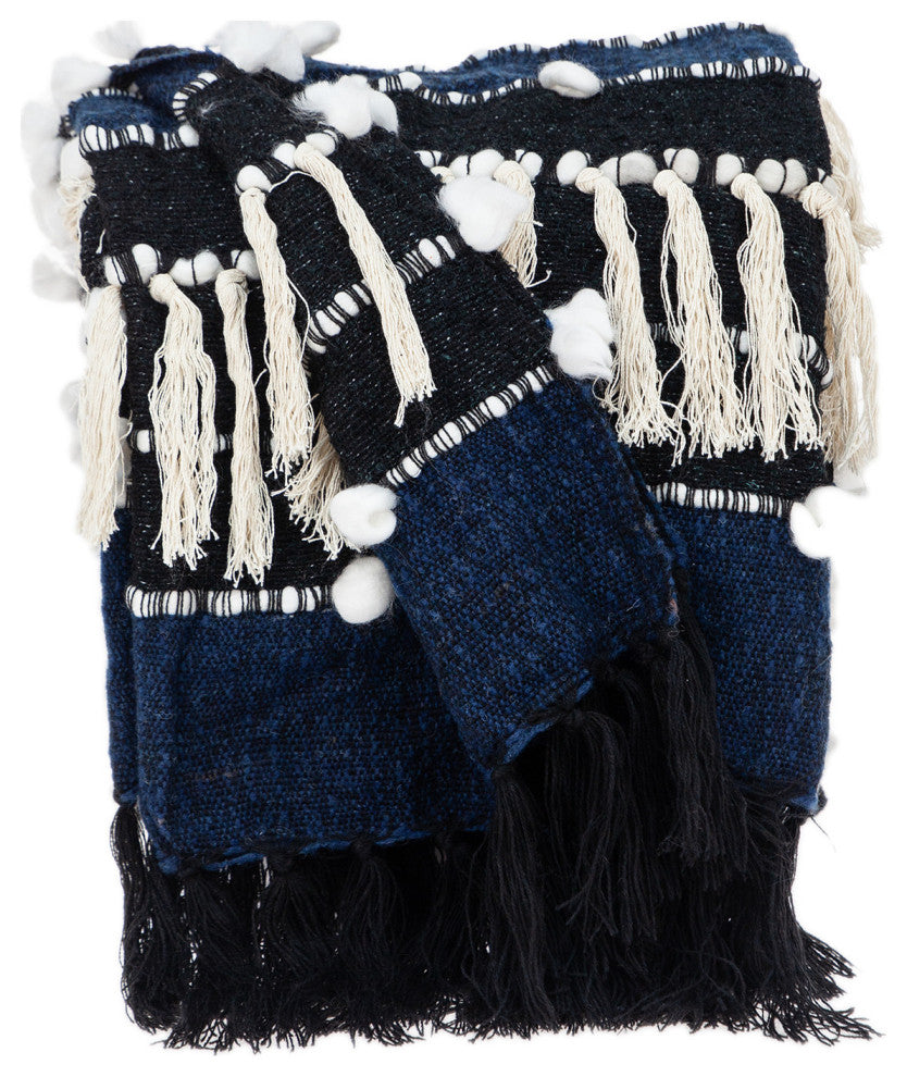 Navy Blue Boho Woven Handloom Throw With Pom Pom