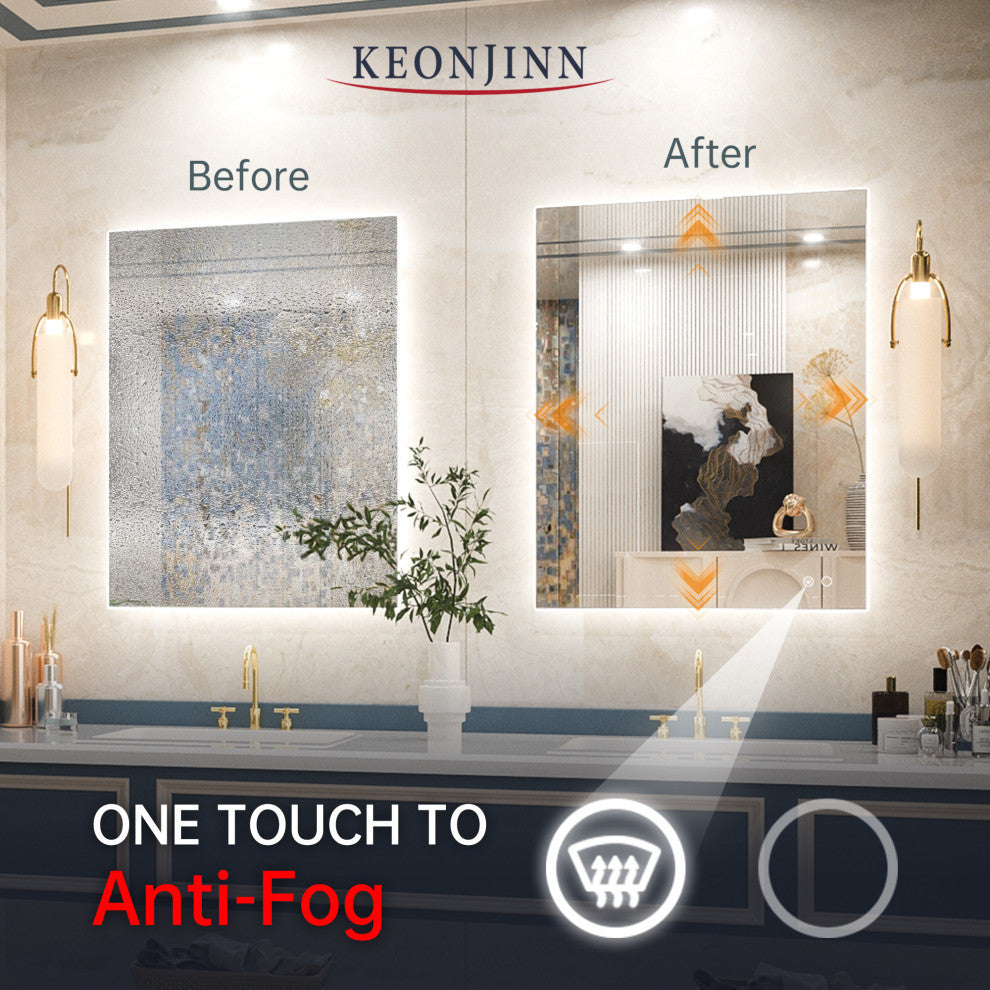 Backlit LED Mirror for Bathroom, Anti-Fog Dimmable, Silver, 36x28