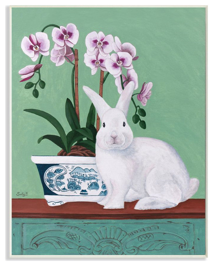 Rabbit and Flowers Pink Green Animal Painting, 13"x19"