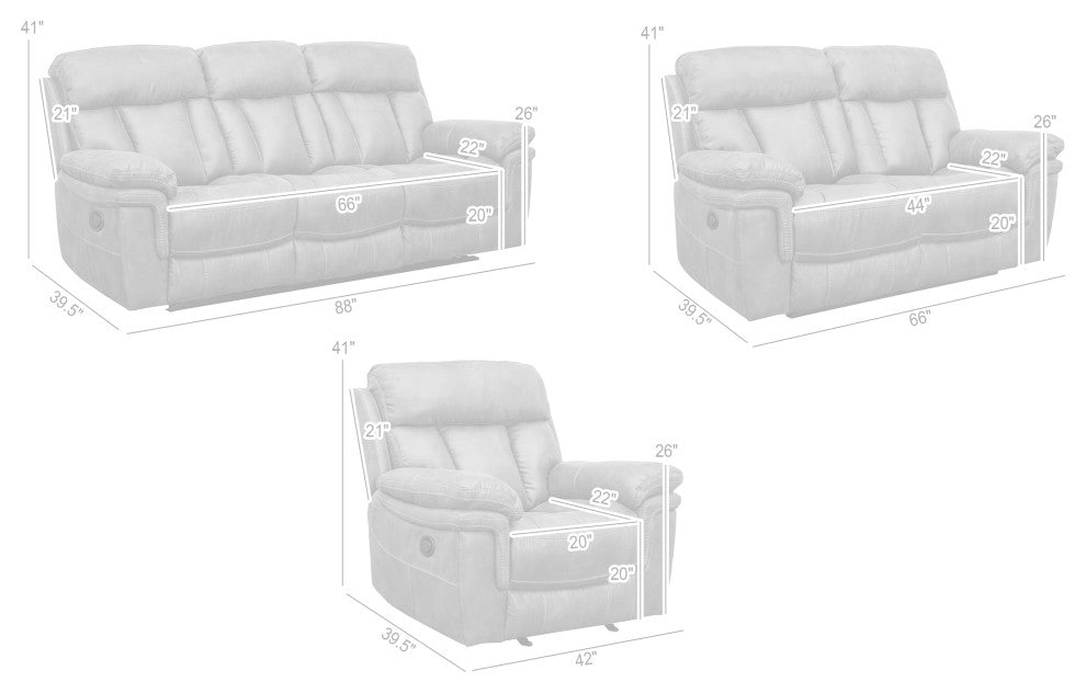 Estelle Power Reclining 3 Piece Living room Set, Gunmetal Fabric