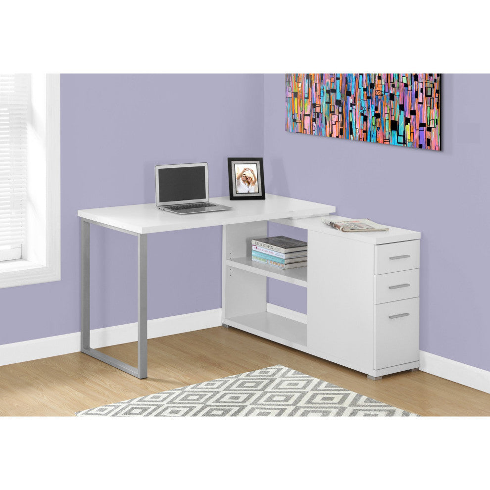 Modern L-Shaped Desk, Slim Storage Drawers & 2 Spacious Open Compartments, White