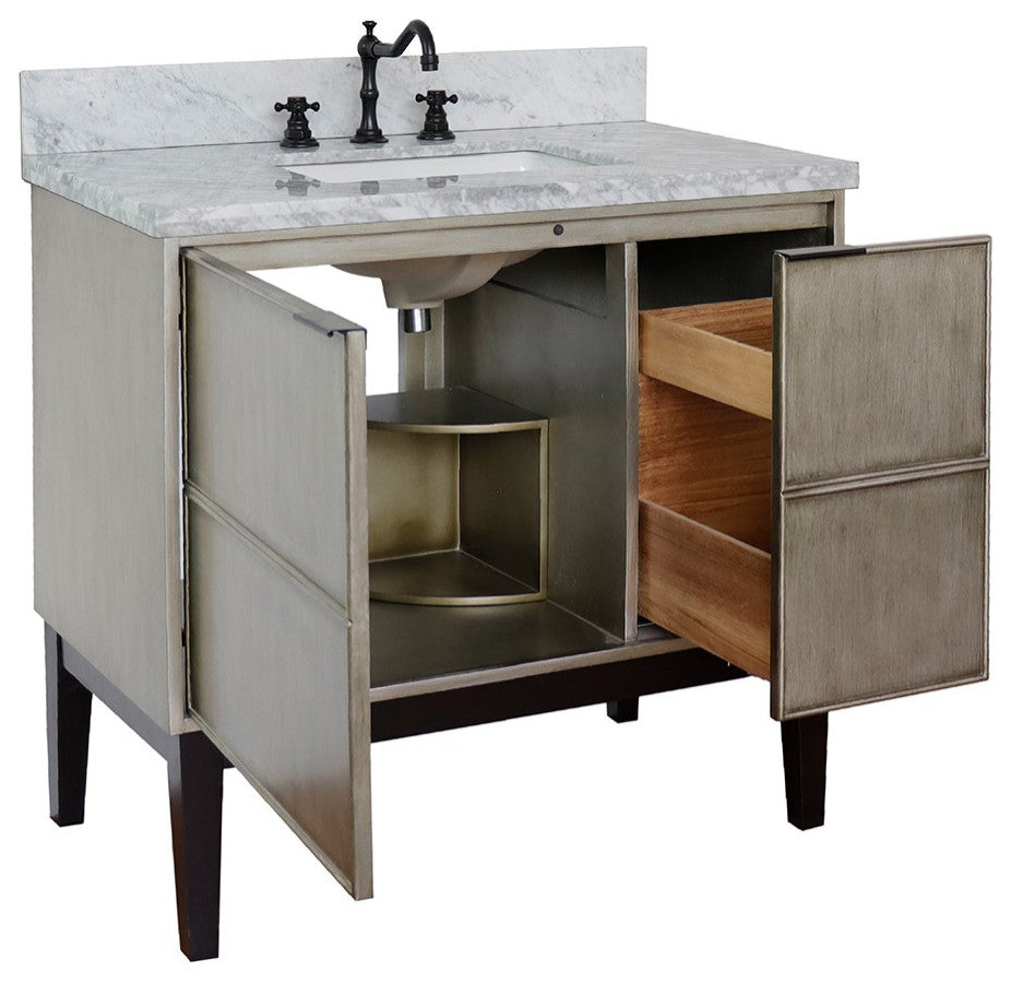 37" Single Vanity, Linen Brown Finish With White Carrara Top