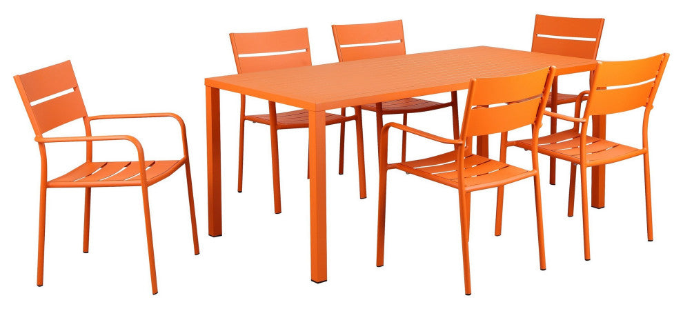 Benzara BM287799 Meta 7 Piece Outdoor Dining Table, Chairs Set, Orange