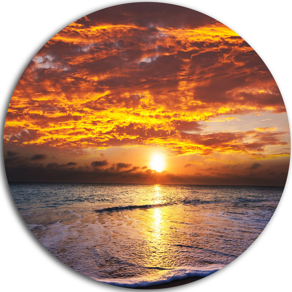 Yellow Sunset Above Foaming Waves, Beach Large Disc Metal Wall Art, 11"