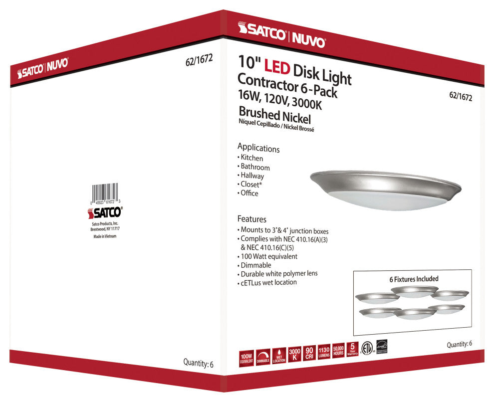 10 inch - LED Disk Light - 3000K - 6 Unit Contractor Pack - Brushed Nickel Finis