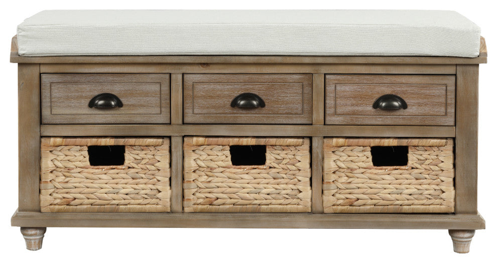 TATEUS 42" Rustic Storage Bench With 3 Drawers and 3 Rattan Baskets, White Washed
