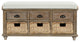 TATEUS 42" Rustic Storage Bench With 3 Drawers and 3 Rattan Baskets, White Washed