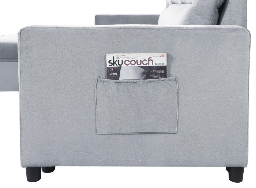 Ivy Light Gray Velvet Reversible Sleeper Sectional Storage Chaise SidePocket