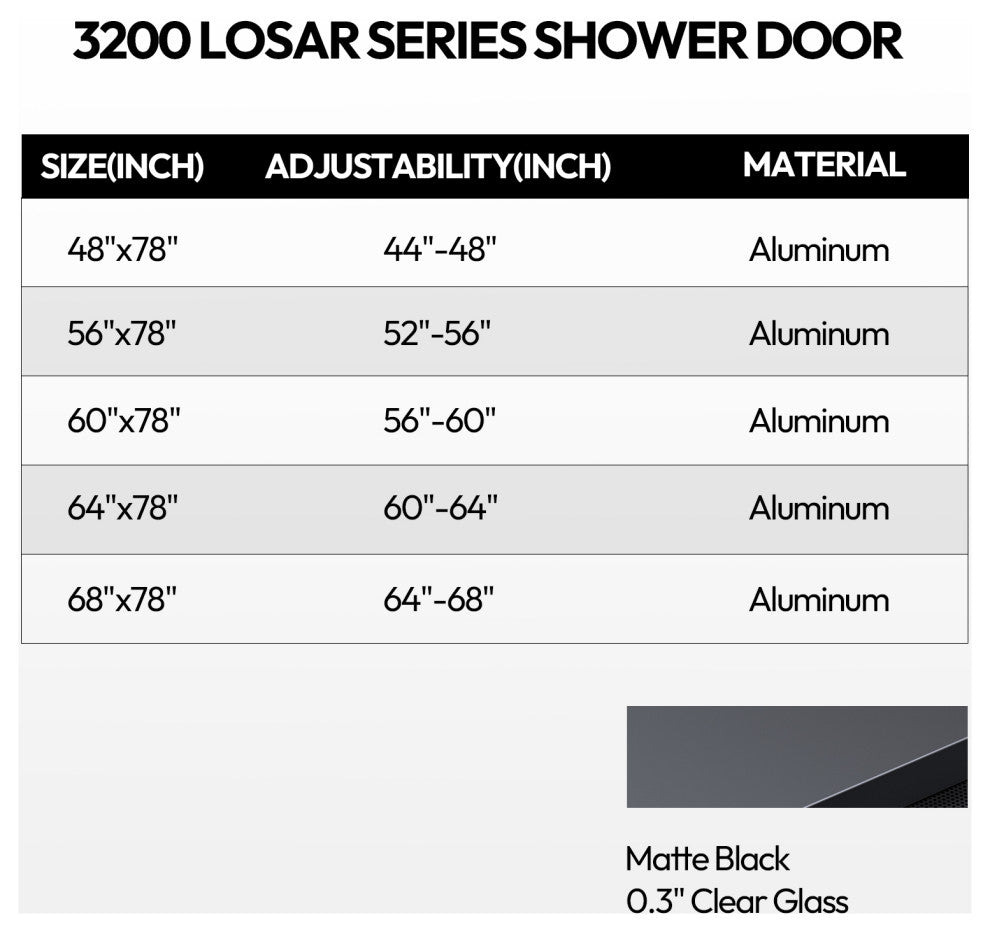 Losar Single Sliding Framed Shower Door, Matte Black, 60" W X 78"h