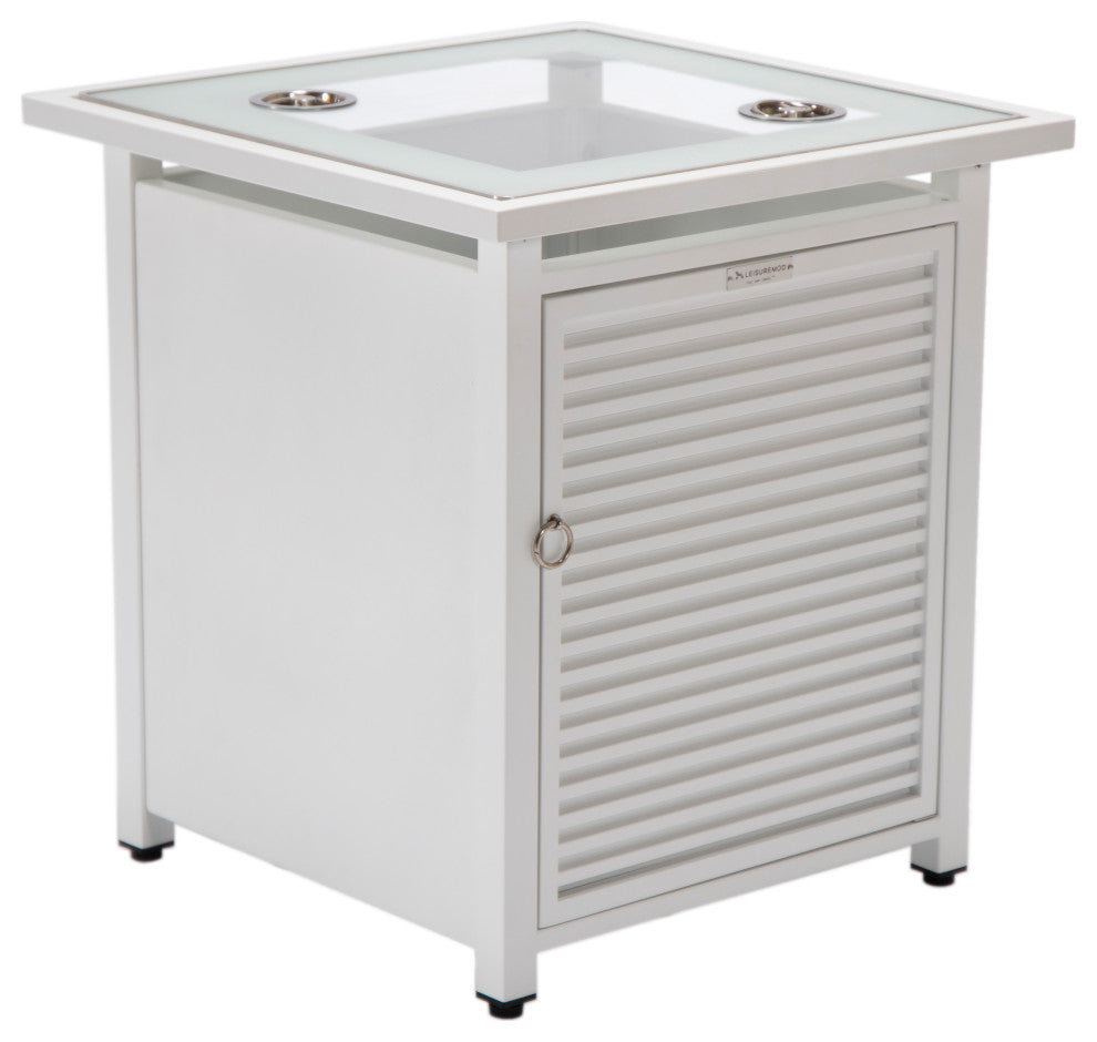 LeisureMod Walbrooke Square Fire Pit Table and Tank Holder With Slats, White