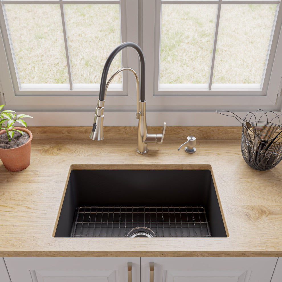 Undermount/Drop Fireclay Prep Sink, Black Matte, 27"x18", Square