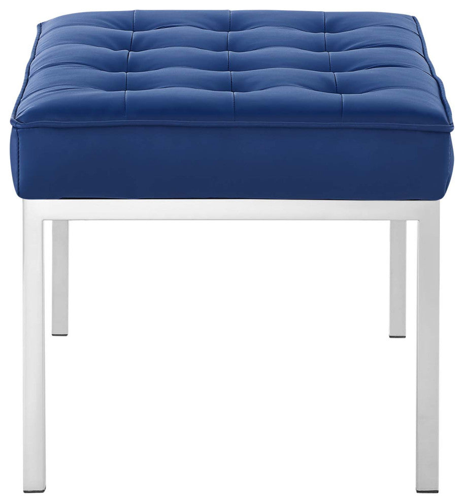 Modern Accent Chair Bench, Faux Vinyl Leather Metal Steel, Navy Blue Silver