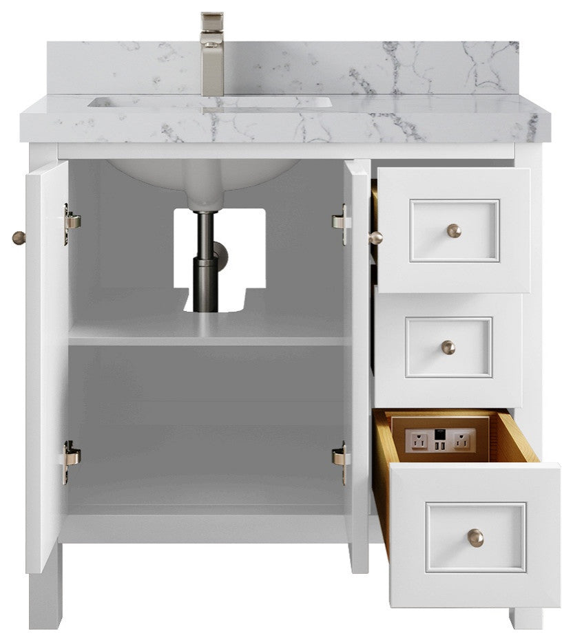 Nashville 36" Left Offset Bath Vanity, White 2" Venatino Quartz