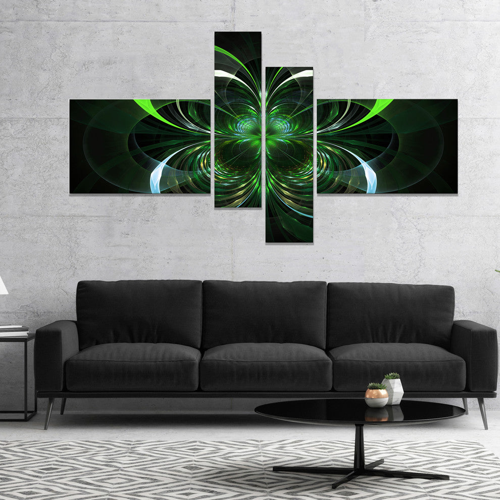 Green Fractal Flower in Dark, Green, Floral Art Canvas Print, 60"x32", 4 panels