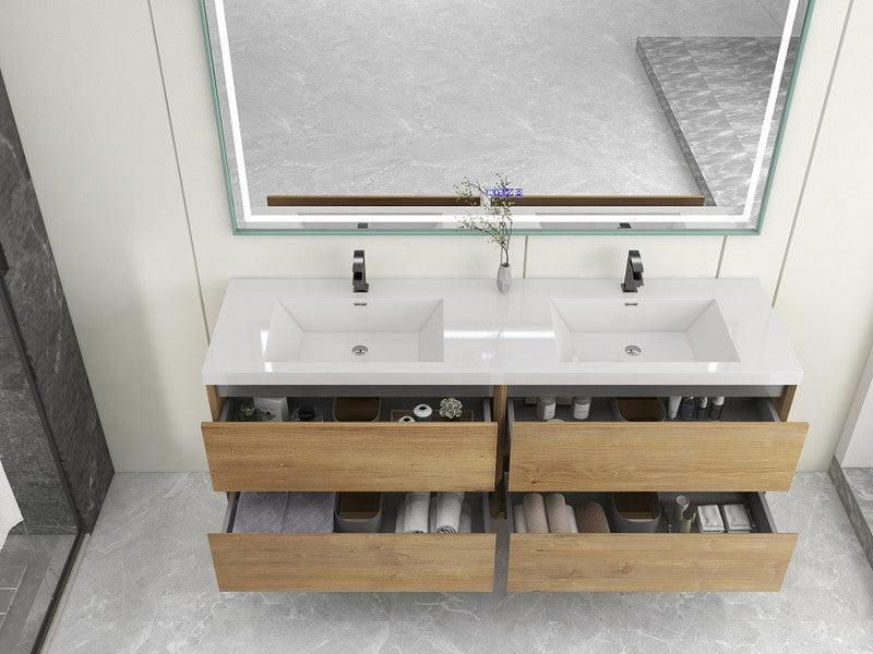 Ashley 72'' Floating Vanity, Acrylic Top, Double Sink, White Oak