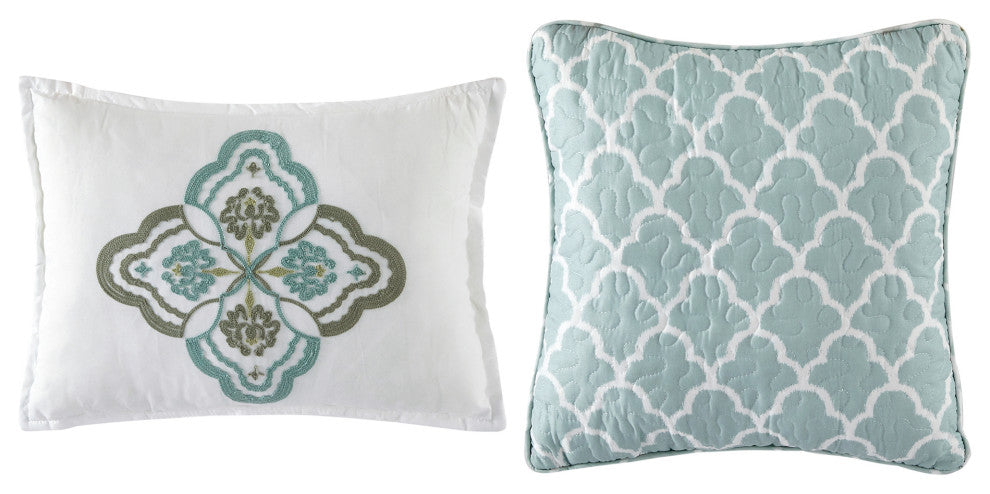 Tivoli Ikat Quilted 5 Piece Bed Spread Set, Teal Aqua, Floor Touching King