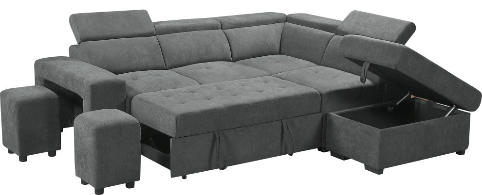 Henrik Gray Sleeper Sectional Sofa With Storage Ottoman and 2 Stools, Light Gray