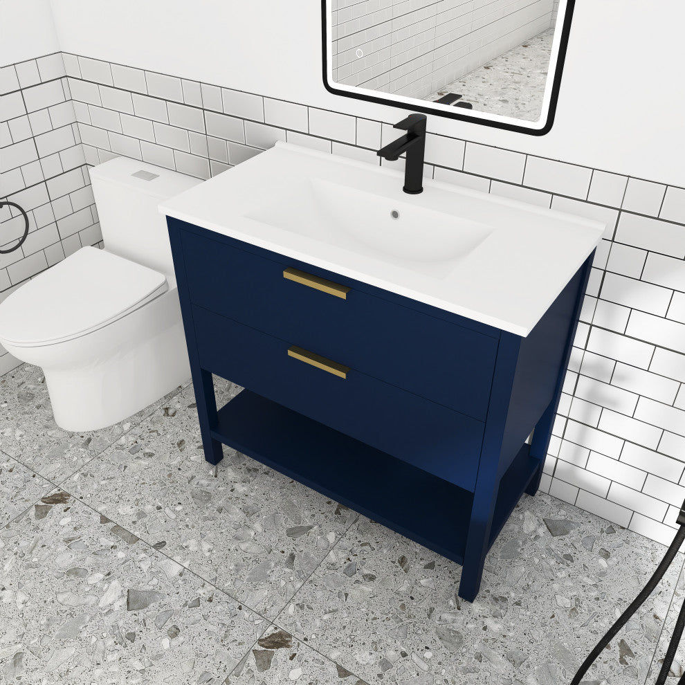 36 inch Plywood Freestanding Bathroom Vanity Set with Ceramic White Sink, Navy Blue