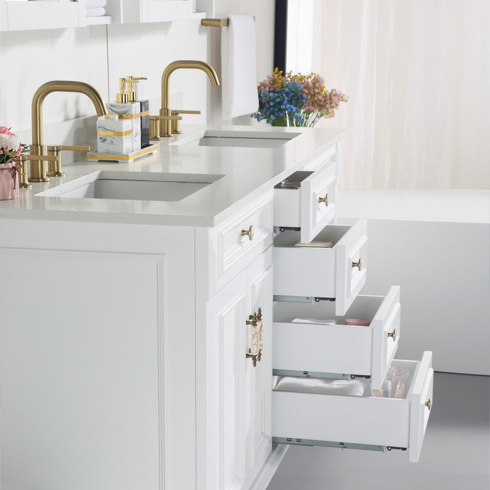 Solid Wood Bathroom Vanity with Quartz Top and cUPC Certified Sink, White, 72 Inch
